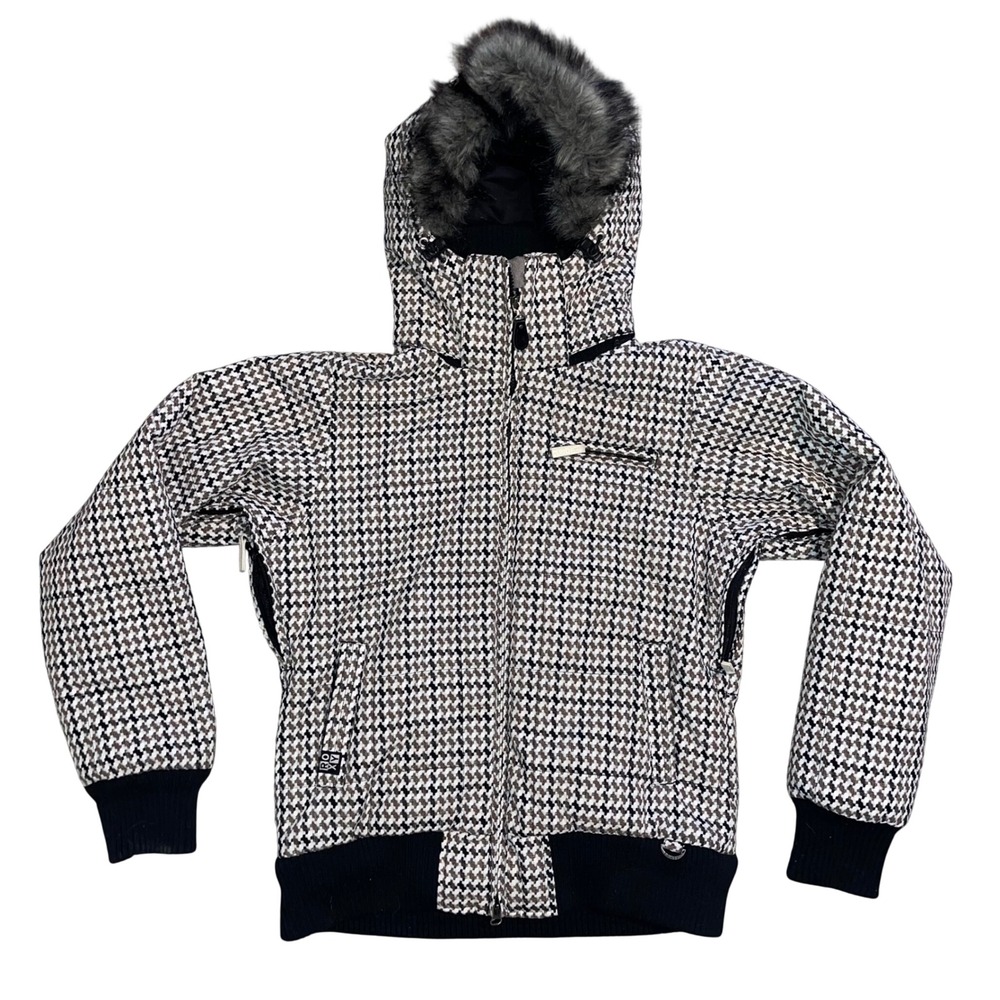 Roxy Snow Houndstooth Ski Jacket Womens Small Faux Fur Hood 5K Waterproof Brown‎